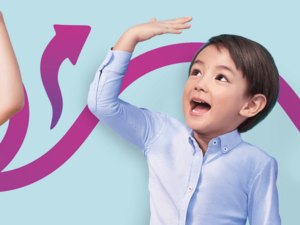 Photograph of smiling boy raising hand, purple arrow graphics on light blue background