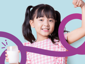 Photo: smiling young girl in pink dress holding a white bottle, purple swirl overlay