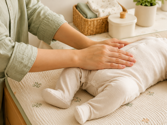 mom hand on baby belly